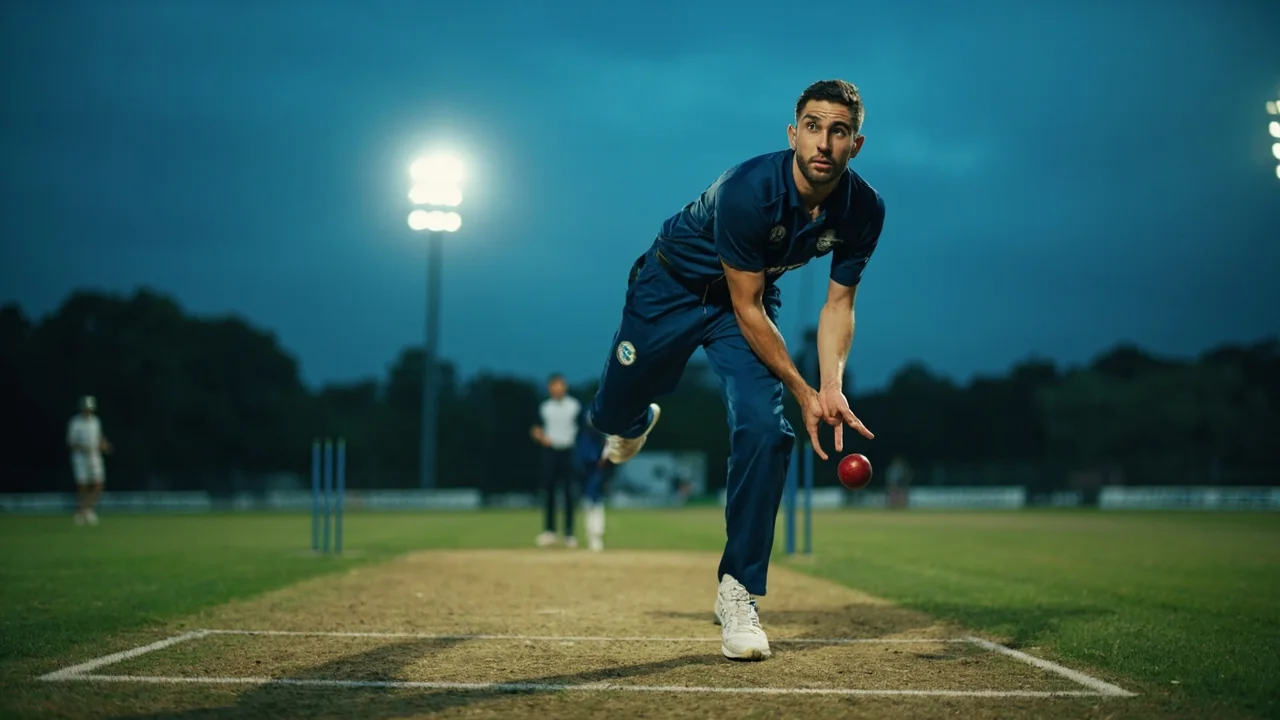 Cricket fast bowler in delivery stride
