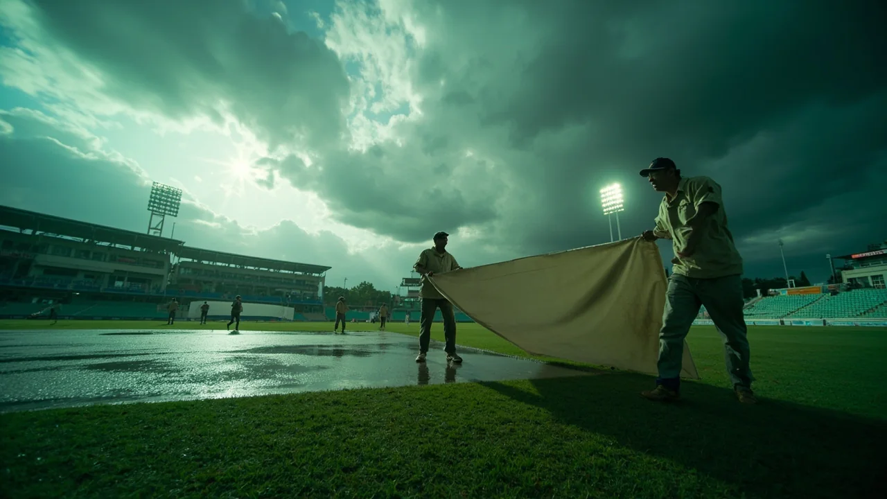 Ground crew covering the cricket square during rain