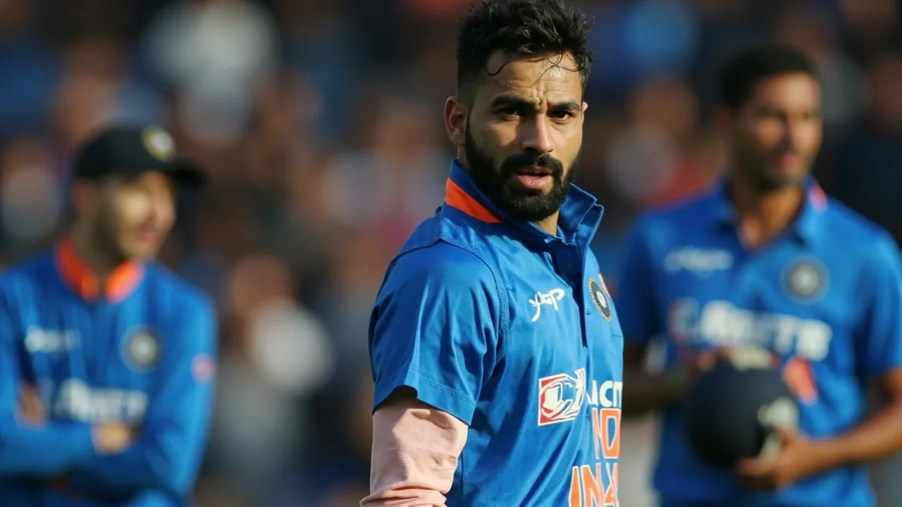 Medium tactical view of the Indian fielding side setting for a new batter during a stoppage in play