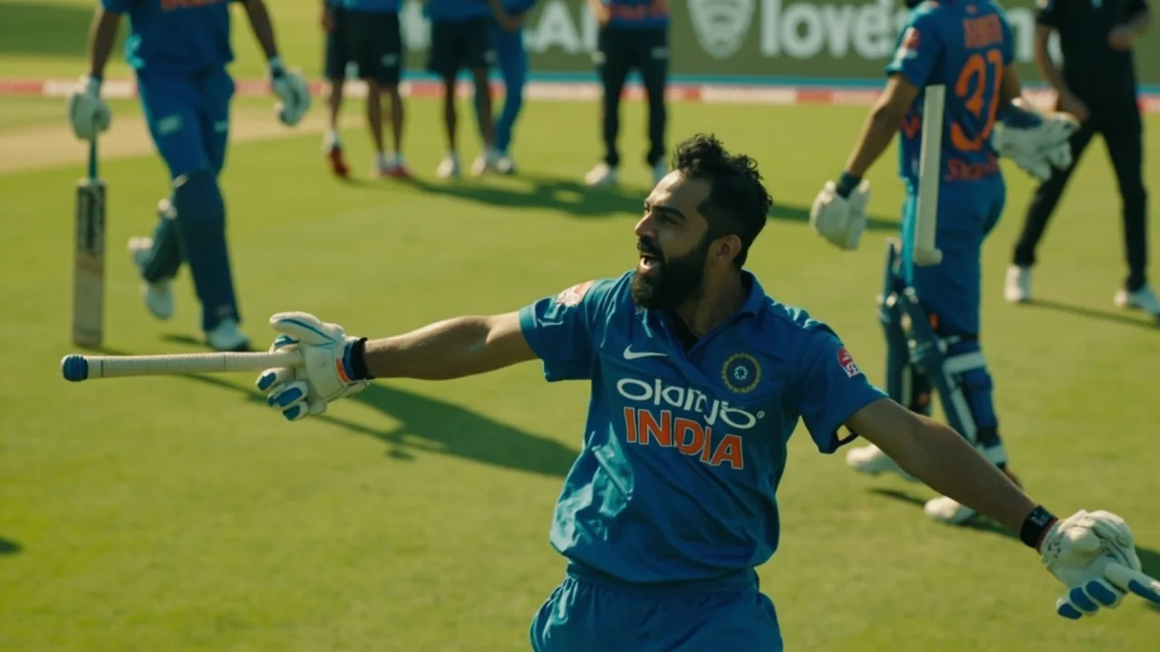 Cricket fielding side with captain and bowler conferring during a stoppage in an ODI innings