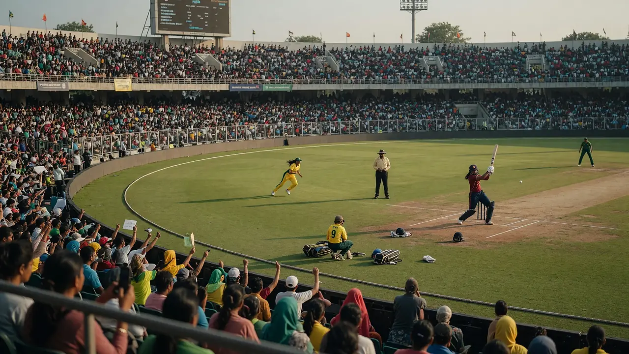 Wide afternoon view of a packed cricket ground with the outfield and stands in soft natural light