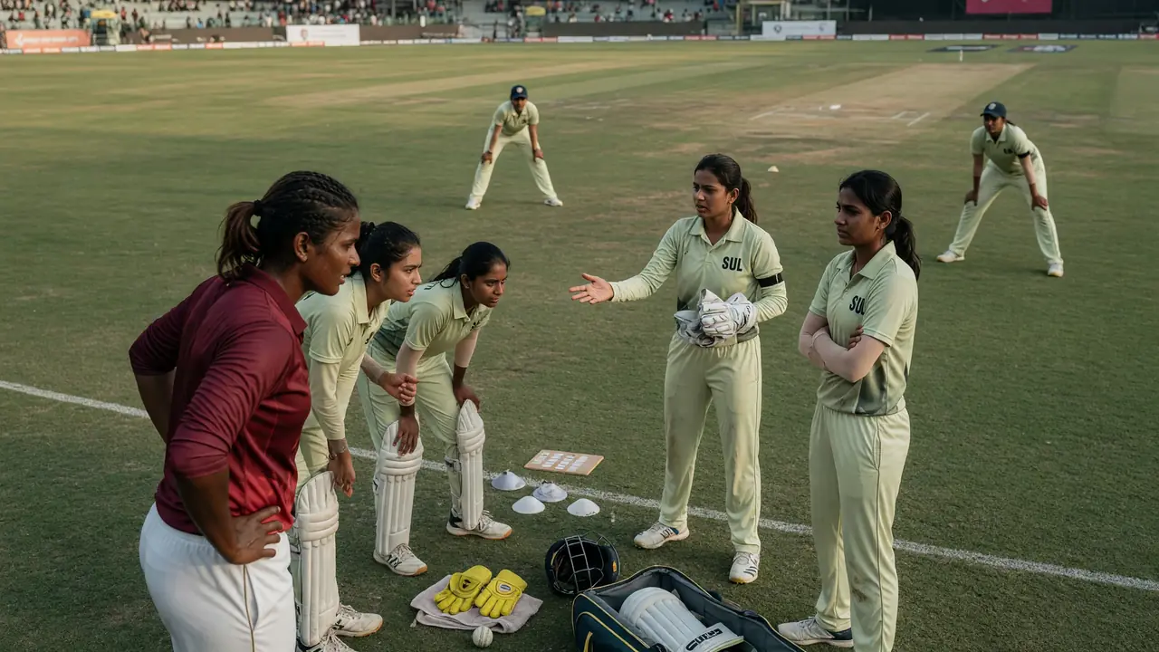 Medium view of fielders adjusting positions on a sunlit outfield during a break in play