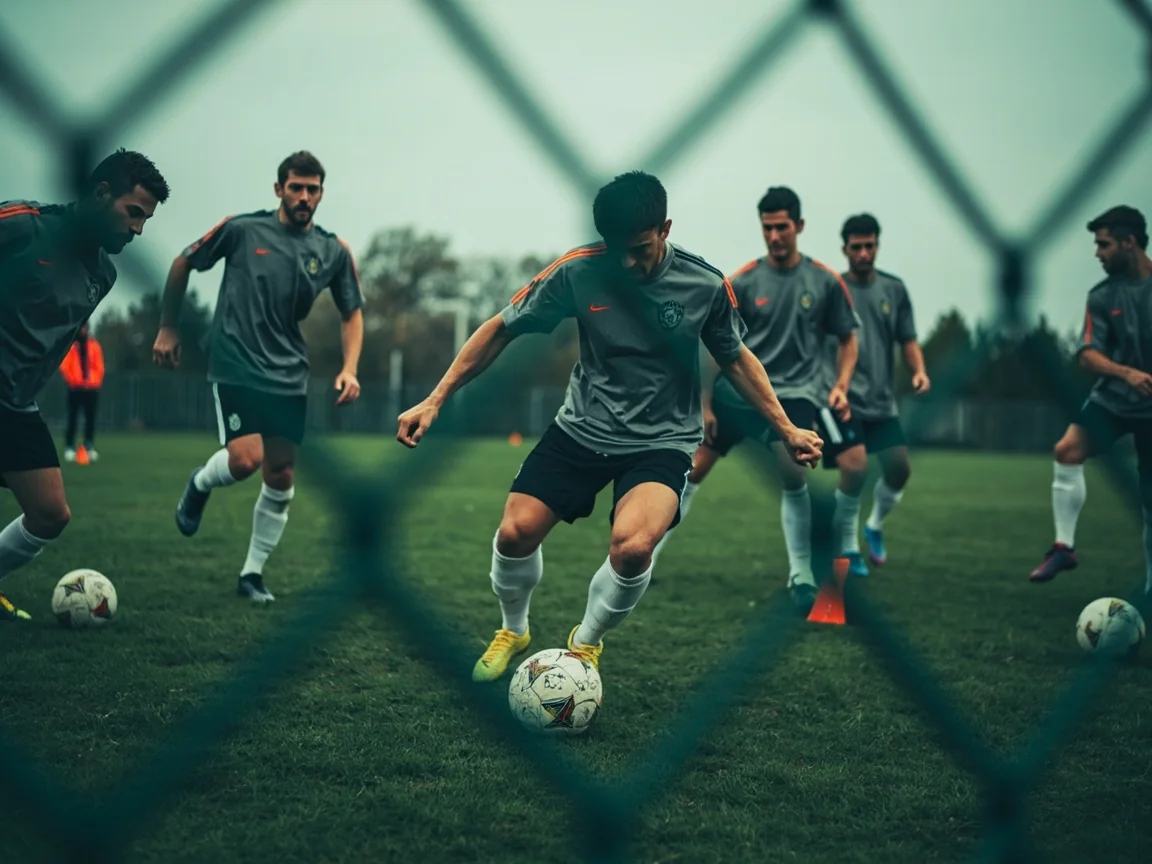 Footballers running a passing drill